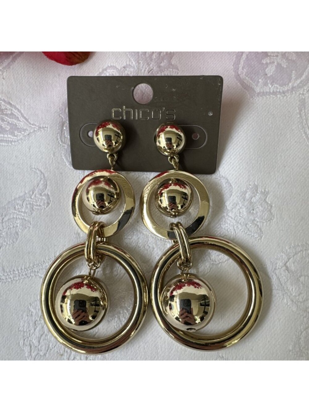 Chico's Chunky Hoops Balls Dangle Earrings Shiny Gold Tone 3.2" Long NEW $39